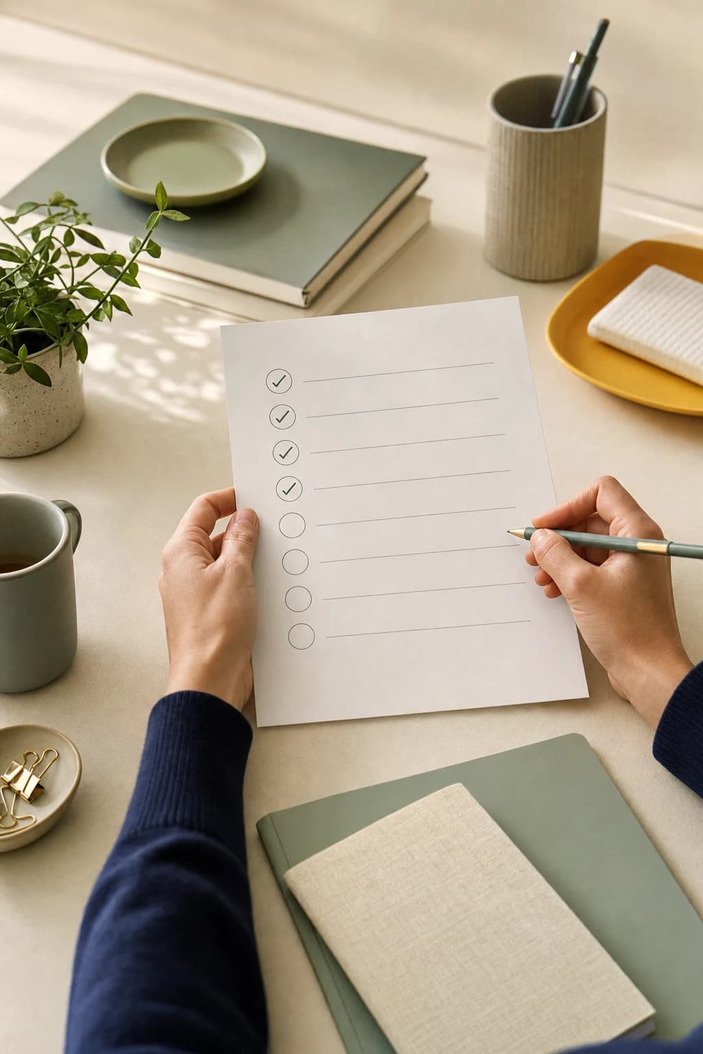 Hands reviewing a checklist on a calm cream desk